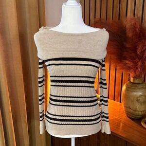 VTG 00s/Y2K LEI Off The Shoulder Striped Ribbed Knit‎ Sweater Beige Black Size S
